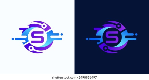 Circle technology logo with letter S inside with circuit dots for digital, data, connection in blue and purple gradient colors