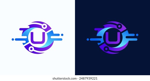 Circle technology logo with letter U inside with circuit dots for digital, data, connection in blue and purple gradient colors