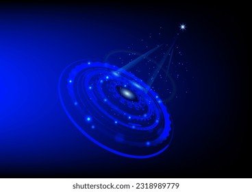 Circle technology, ring arrangement, and energy transfer through beam, on blue background, vector illustration for background design.