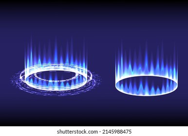 Circle teleport podium. Hologram and portal display stage. Sci-fi digital hi-tech in glowing HUD projector. Magic gate in game fantasy. Product stand. Blue flame for gas stove template