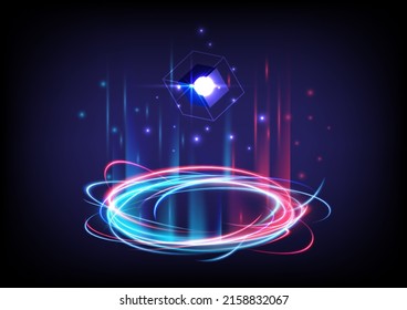Circle teleport podium. Hologram and portal science futuristic stage. Sci-fi digital hi-tech in glowing HUD projector. Magic gate in game fantasy. 3D wave. Blue and red light neon for showing display