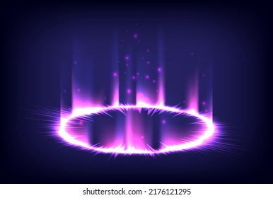 Circle teleport podium. Pink hologram and portal science futuristic stage. Sci-fi magic energy in glowing HUD projector. Magic violet gate in game fantasy. 3D wave. Product stand and display template