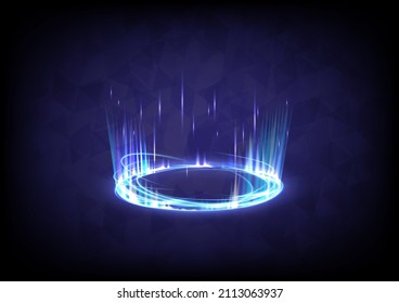 Circle teleport podium. Portal and hologram science futuristic stage. Sci-fi digital hi-tech in glowing HUD projector. Magic gate in game fantasy. GUI and UI virtual reality 3D wave