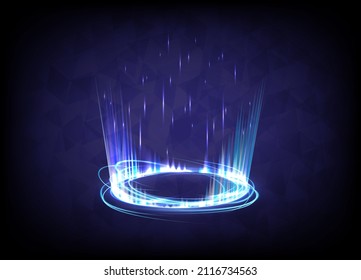 Circle teleport podium. Portal and hologram science futuristic stage. Sci-fi digital hi-tech in glowing HUD projector. Magic gate in game fantasy. 3D wave. Blue rays