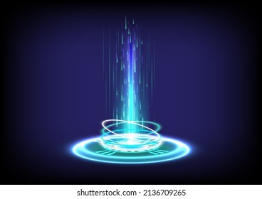 Circle teleport podium. Portal and hologram science futuristic stage. Sci-fi digital hi-tech in glowing HUD projector. Magic gate in game fantasy. 3D wave. Product stand and display template