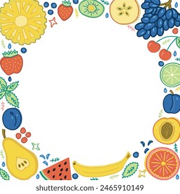 Design der kreisförmigen Vorlage mit Obst- und Beerenmotiven und einem leeren Zentrum. Broschüren-Design mit Obst und Beeren-Dekor. Rundrahmen-Design mit Naturprodukten: Früchte und Beeren.