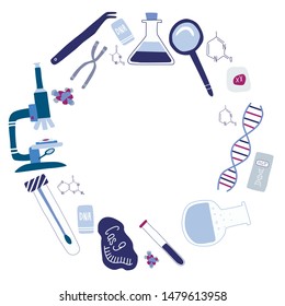 Circle Template Of Elements For Genetic Engineering And Genome Sequencing: Helix DNA, Microscope, Chromosome, Cas9 RNA. Colorful Hand Drawn Vector Illustration In Trendy Cartoon Style