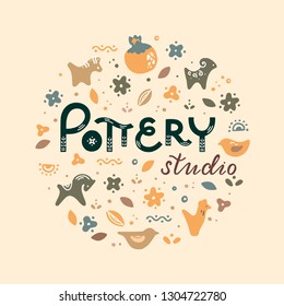 Circle template pottery workshop, ceramics classes banner illustration. Art shop template with lettering or place for text. Vector line icon of clay studio tools. Hand building, sculpturing equipment.