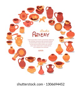 Circle template pottery workshop, ceramics classes banner illustration. Art shop template with place for text. Vector line icon of clay studio tools. Hand building, sculpturing equipment.