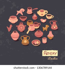 Circle template pottery workshop, ceramics classes banner illustration. Vector line icon of clay studio tools. Hand building, sculpturing equipment. Art shop template with lettering or place for text.