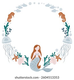 Circle Template with sea elements . Mermaid, jellyfish, fish, algae. Fairy tale marine border for posters or nautical borders, background for invitation or greeting cards