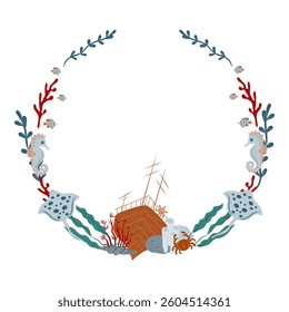Circle Template with sea elements . Ship, stingray, fish, seahorse, algae. Marine border for posters or nautical borders, background for invitation or greeting cards