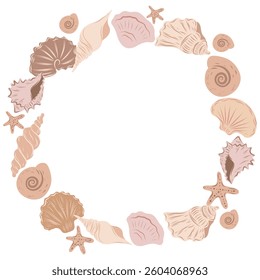 Circle Template with seashells. Hand drawn Illustration of seabed background for invitation or greeting cards. Marine border for posters or nautical borders in beige colors