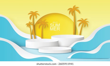 Circle template for Summer with sea wave, coconut tree, sun and Hello Summer text. Summer mockup scene. paper cut and craft style. vector, illustration.