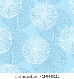 Circle texture with radial stripes like snowflakes. Starburst with hand-drawn lines. Winter blue seamless pattern with regular shapes. For wrapping, fabric, wallpaper or cards.