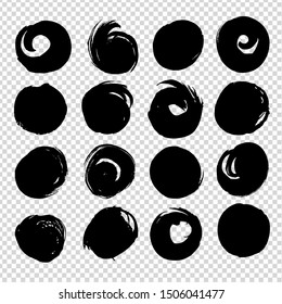 Circle textured brushstrokes black big set isolated on imitation transparent background