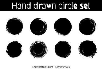 Circle textured hand drawn abstract black ink strokes set isolated on white background. Vector illustration.