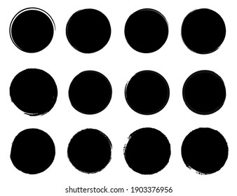 Circle textured hand drawn abstract black ink strokes set isolated on white background. Vector illustration.