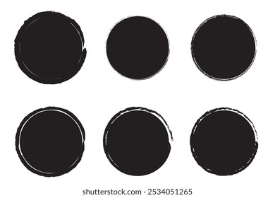 Circle textured hand drawn abstract black ink strokes set isolated on white background. Vector illustration.