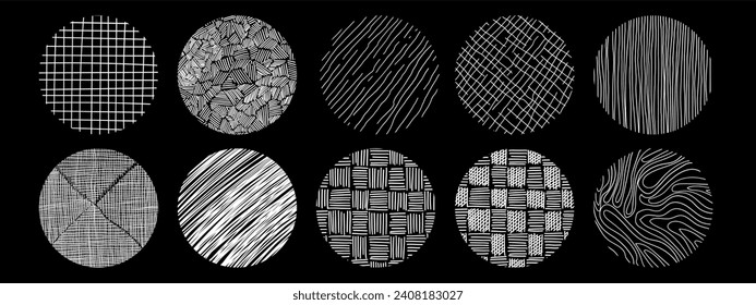 Circle textures with different hand drawn patterns. Crosshatch, wood, rain, stippling texture.