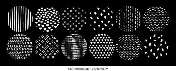 Circle textures with different hand-drawn patterns. Crosshatch, dots, lines, stippling texture. White doodle textures on a black background. Vector illustration