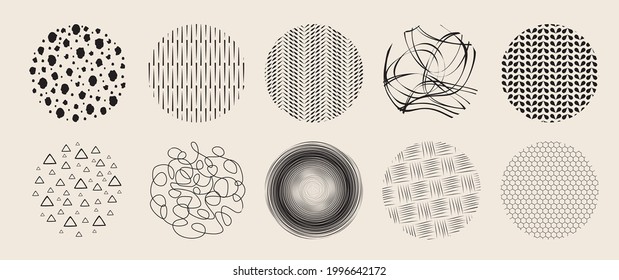 Texturas de círculo con texturas dibujadas a mano hechas con pincel de lápiz de tinta patrones geométricos de puntos líneas de trazos