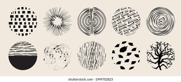 Circle textures with hand drawn textures made with ink pencil brush geometric patterns of spots dots strokes stripes lines
