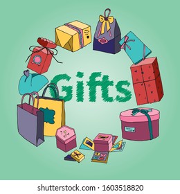 in a circle there is a collection of gifts and boxes and the inscription "gifts" in the center