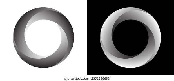 Circle with three segments and gradients. Logo or icon for any project. Black shape on a white background and the same white shape on the black side.