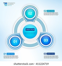 Circle three steps infographic  design template for statistics,  analytics, marketing  reports, presentation and web design  in blue colors. Vector illustration.