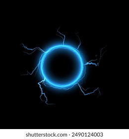 Circle thunderbolt blue lightning effect vector illustration. Realistic magical ring portal with light rays, electricity and explosion. Bolt lightning or electricity blast effect round frame on black