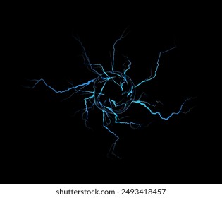 Circle of thunderbolt blue lightning effect vector illustration. Realistic magical round portal with light rays, energy ball. Electric ring blast and explosion. Bolt lightning effect, plasma sphere