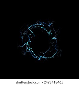 Circle thunderbolt blue lightning effect vector illustration. Round electric discharge effect and explosion. Realistic magical ring portal with light rays. Bolt lightning energy ball blast on black