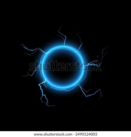 Circle thunderbolt blue lightning effect vector illustration. Realistic magical ring portal with light rays, electricity and explosion. Bolt lightning or electricity blast effect round frame on black