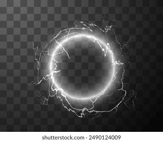 Circle thunderbolt white lightning effect vector illustration. Realistic magical ring hole portal with light rays, electricity and explosion. Bolt lightning or electricity blast effect round frame