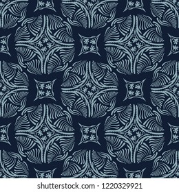 Circle  Tile Seamless Vector Pattern. Hand Drawn Line Art Orbs Grid. Ornament Texture for Textile Prints, Ethnic Decor, Decorative Packaging. Elegant Trendy Fashion Fabrics, Blue Masculine Gift Wrap.