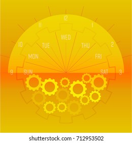 Circle of time and mechanism on sunrise background. Lifetime concept. Vector Illustration.