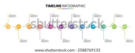 Circle timeline infographic presentation template 12 options. 12 month or 1 year infographic template