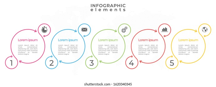 Circle timeline infographic template 5 options. Thine line design.