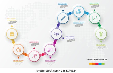 Circle timeline infographic template,Business concept with 9 options,Vector illustration.