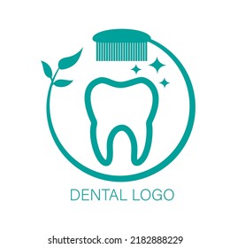 Dental company logo circle with tooth brush and leaves. Vector illustration.