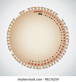 Circle Torn Old Paper 2012 January Calendar Vector