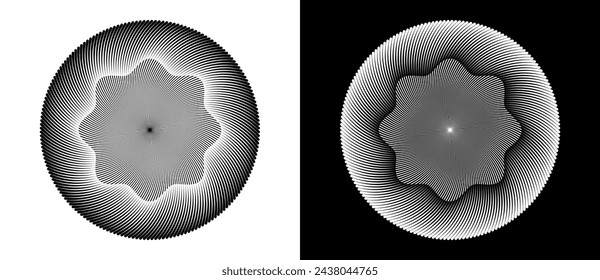 Circle with transition line elements. Abstract geometric art line background like flower. Black shape on a white background and the same white shape on the black side.