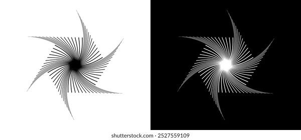 Circle with transition line elements. Abstract geometric art line background like flower. Black shape on a white background and the same white shape on the black side.