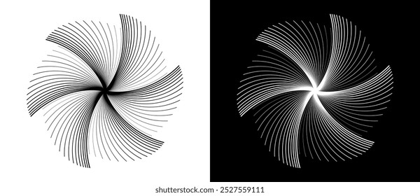 Círculo con Elementos de línea de transición. Fondo geométrico Abstractas de la línea del arte como flor. Forma negra sobre un fondo blanco y la misma forma blanca en el lado negro.