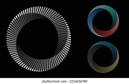 Circle with transition line elements from white to black and colored. Abstract geometric art line background.