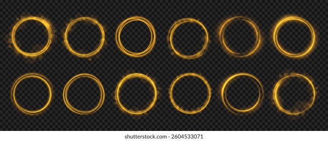 Circle transparent light glowing award round bokeh gold shine yellow ring glistering luxury effect abstract frame particle festive element glittering vector illustration backlight stardust png
