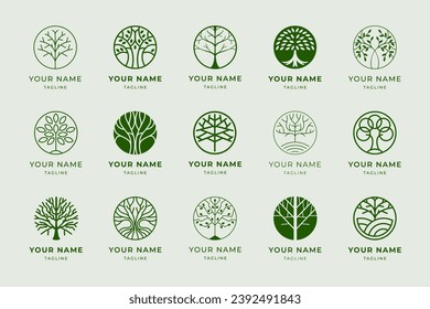 Circle tree of life emblem. Grow plant, circular tree with roots and leaves. Holistic verdant vitality branding label design template vector icons set of plant tree illustration