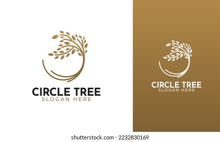 Diseño del logo del árbol de círculo. Símbolo de planta con color dorado y minimalista. Ilustración vectorial de árbol de oliva