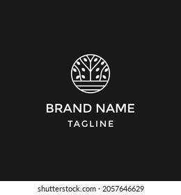 Circle tree logo icon template design. Round garden plant natural line symbol. Green branch with leaves business sign.